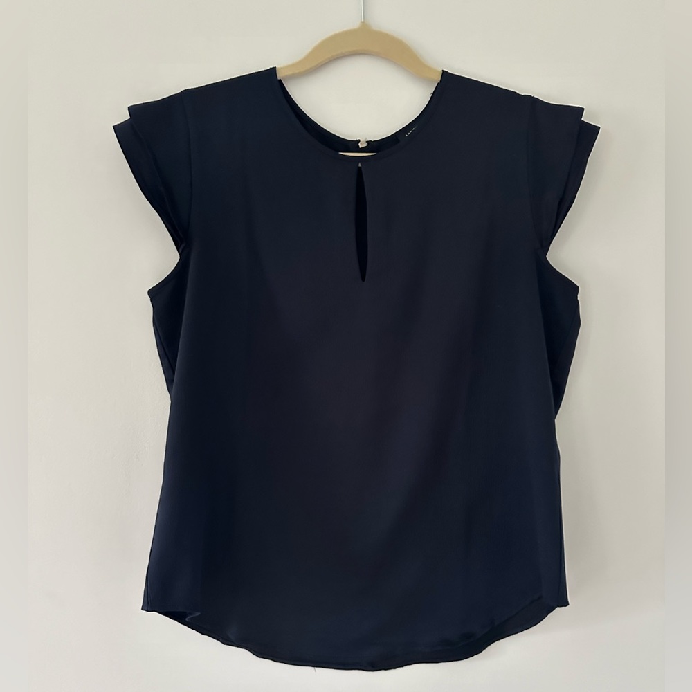 Ann Taylor navy ruffle sleeve blouse